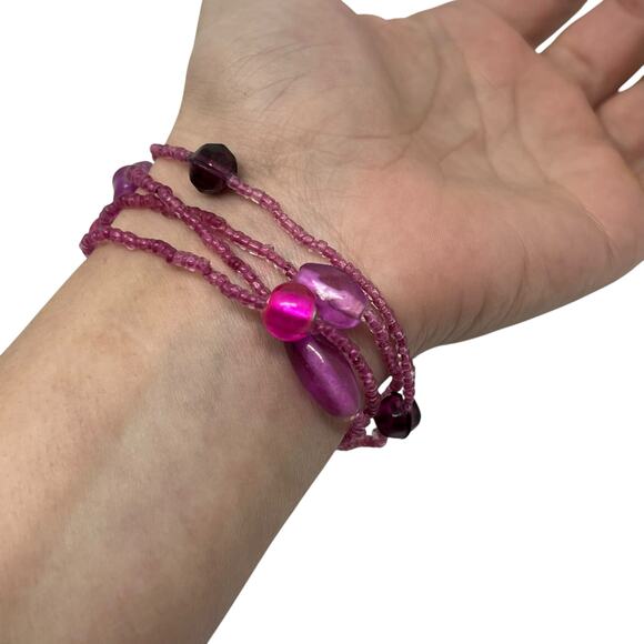 Boho Y2K Stretch Bead Bracelet Set in Shades of Purple & Pink, Multi-Strand - Picture 3 of 5